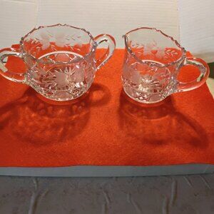 Vintage American Brilliant Cut Crystal Sugar and Creamer /Etched Flowers